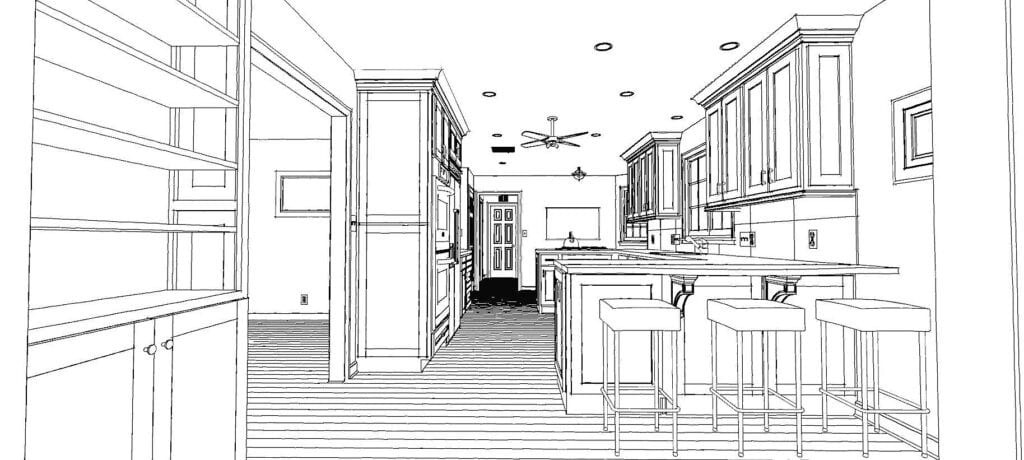 Modern kitchen with cabinetry, island, and bar stools in a spacious home.