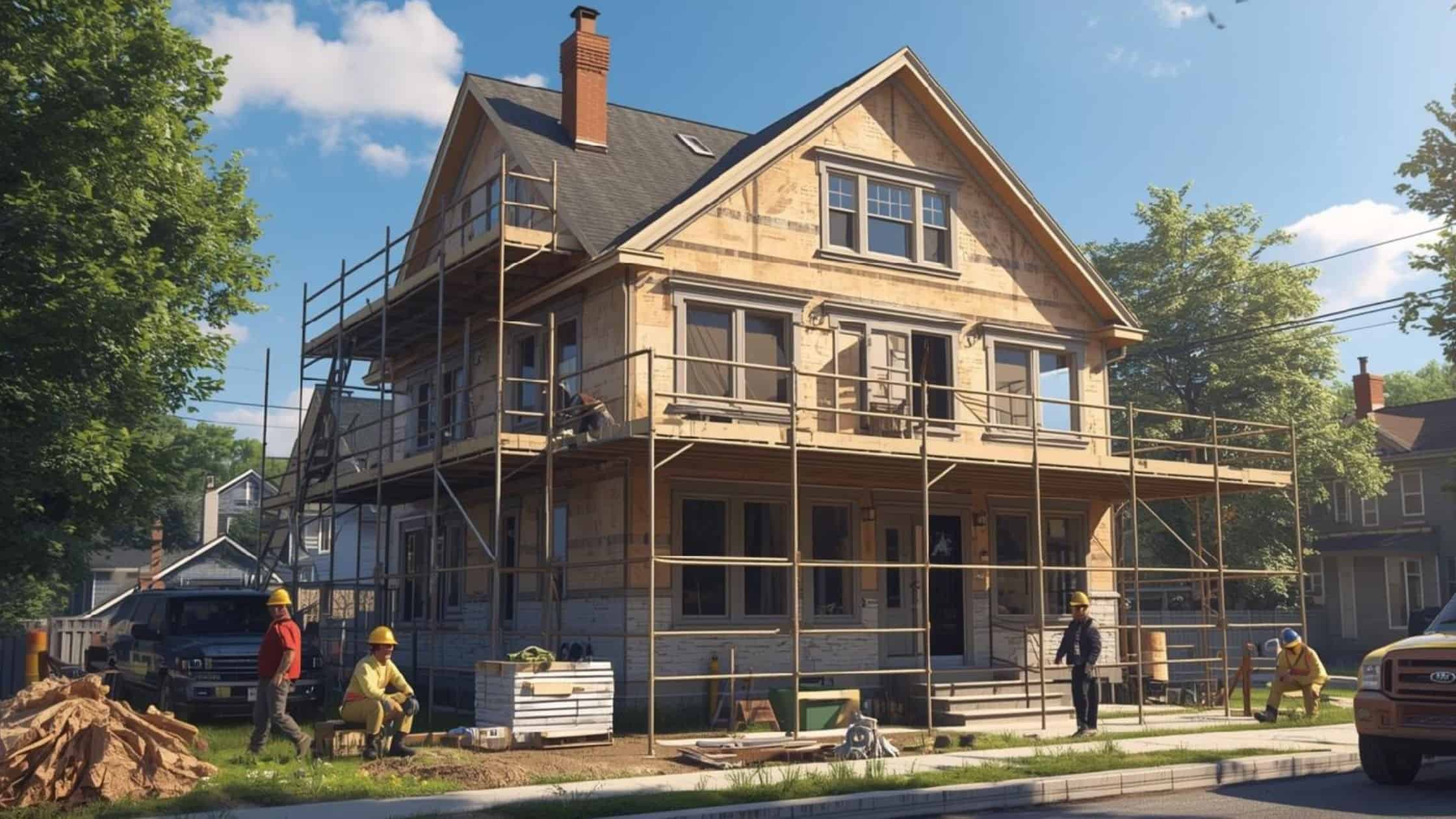 New residential house under construction with scaffolding and workers on site.