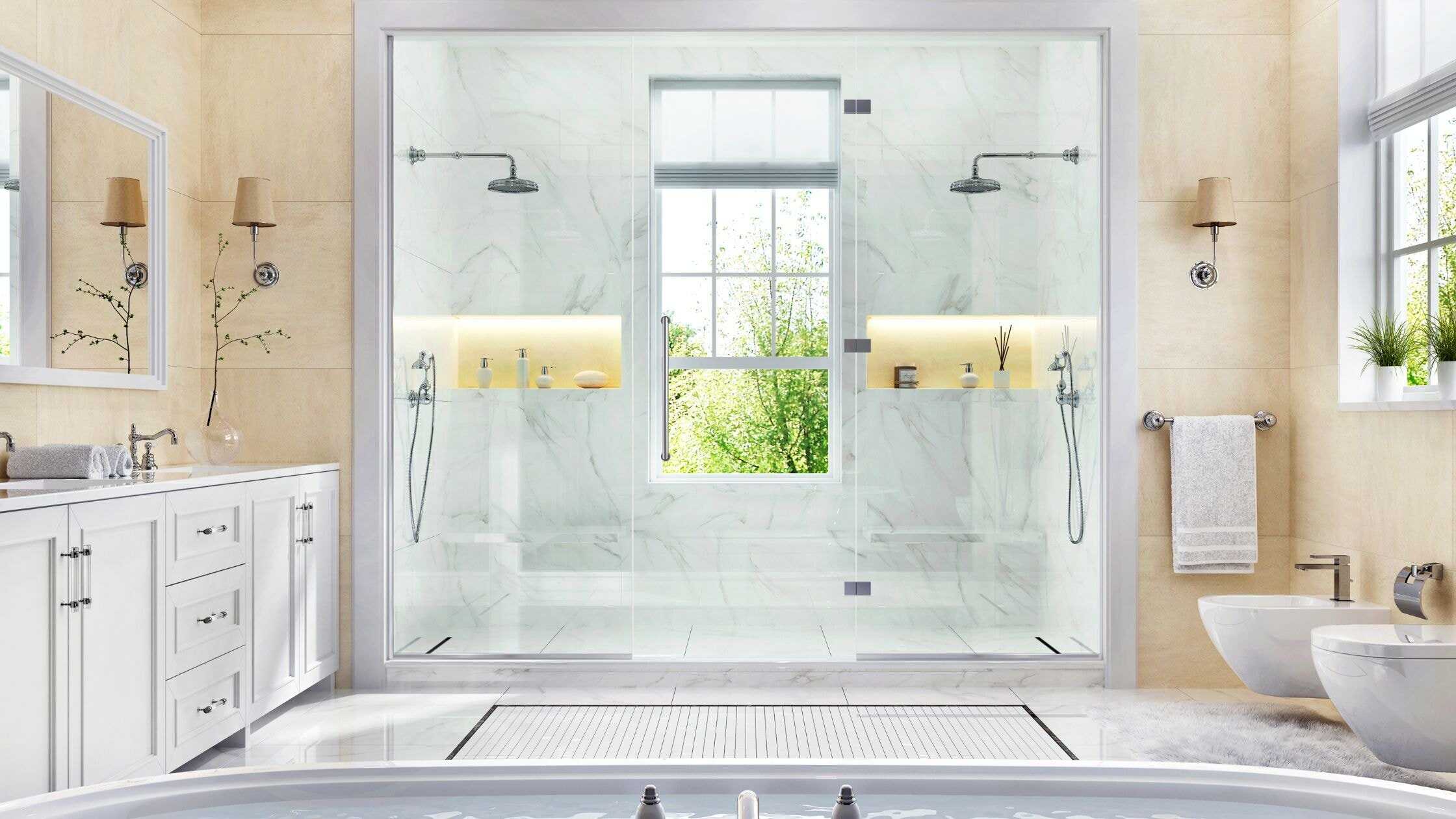 Spacious walk-in shower with glass enclosure, dual showerheads, and elegant marble tiles. Bright, ai.