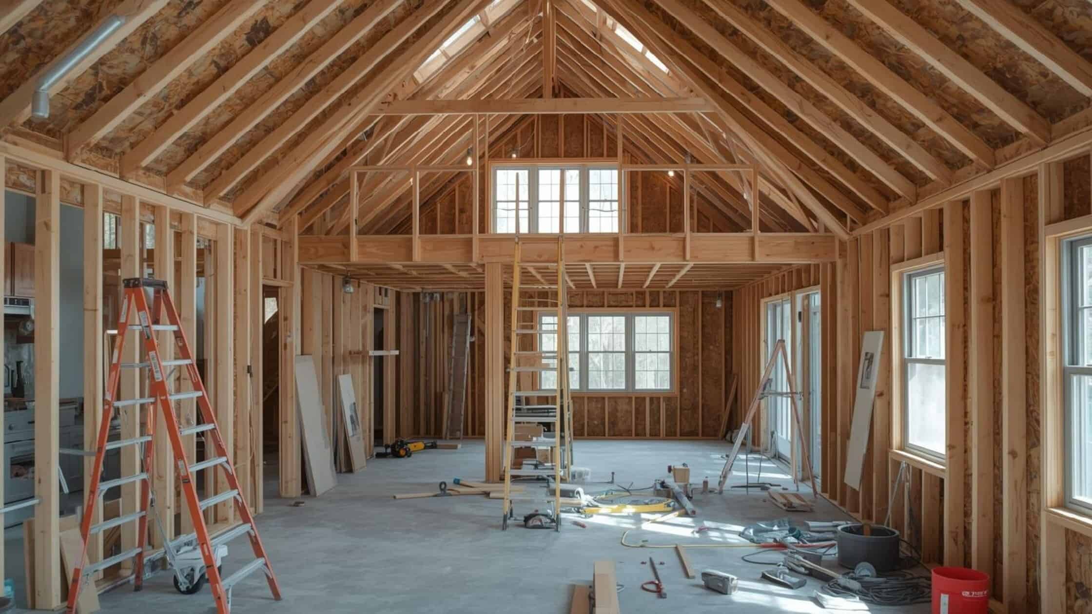 Interior view of a new home under construction with exposed wooden framing and large windows.