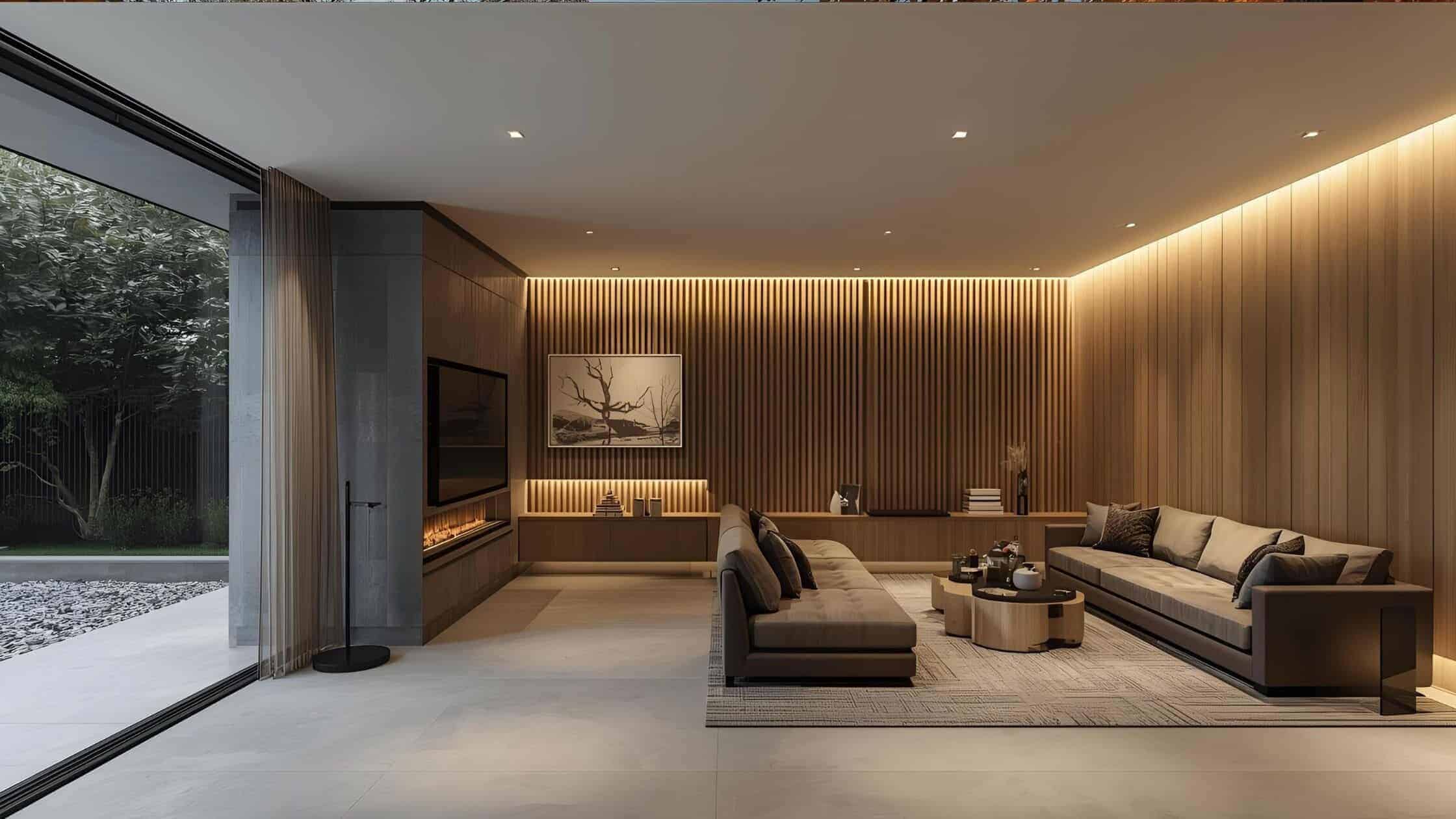 Elegant modern living room with sleek furniture and warm lighting. Perfect for relaxing and entertai.