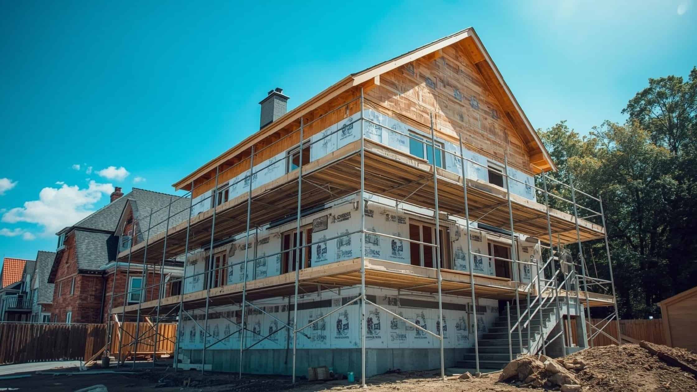 New residential home under construction with scaffolding and wooden framing.
