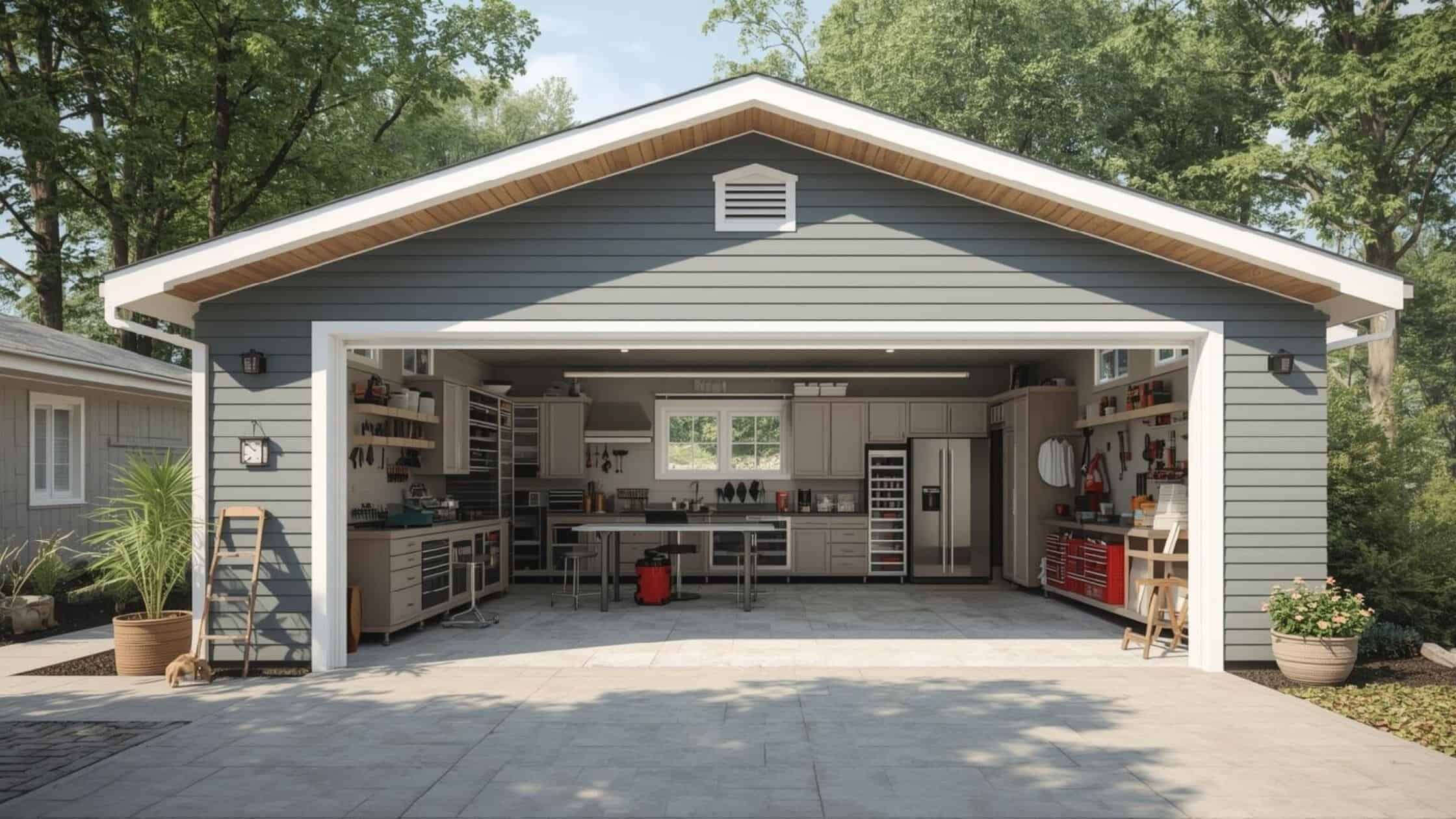 Spacious garage workshop with organized tools and workbenches, ideal for DIY projects and home repai.