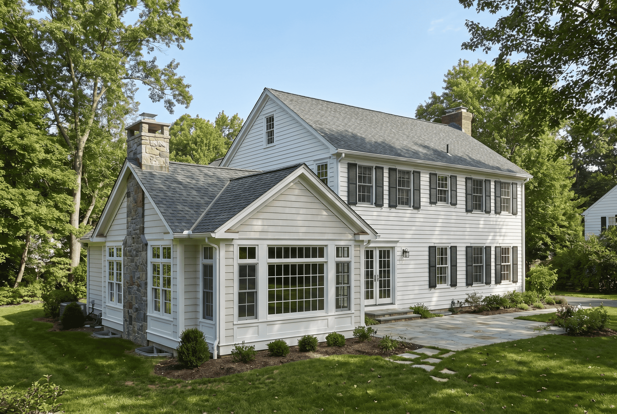 Beautiful white two-story house with black shutters and a landscaped yard.