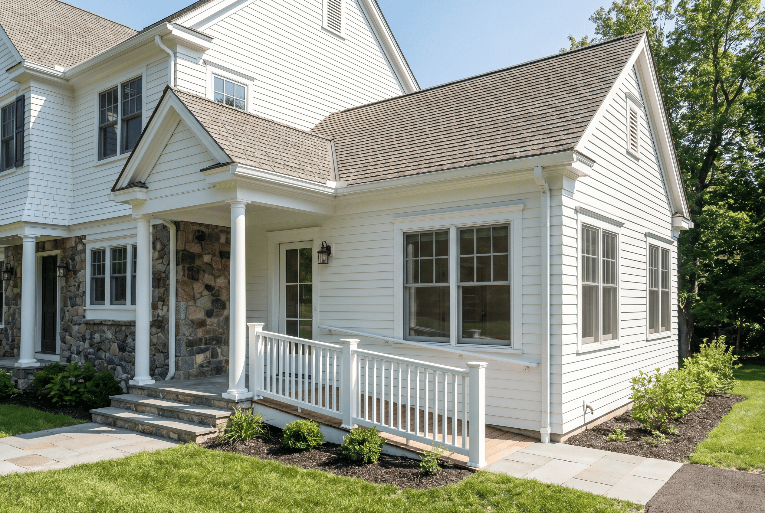 White house with stone accents and a welcoming front porch.