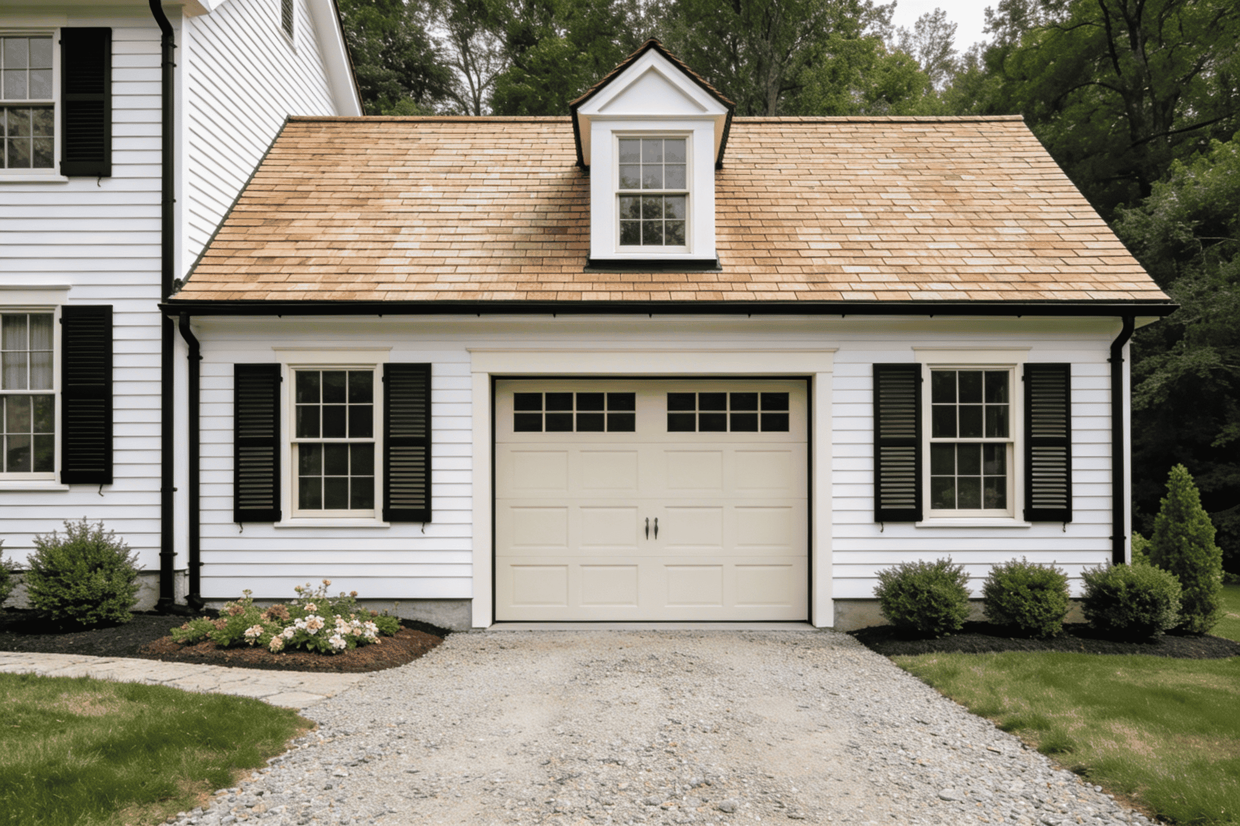 Beautiful white garage with black shutters and a dormer window, part of a charming home exterior.