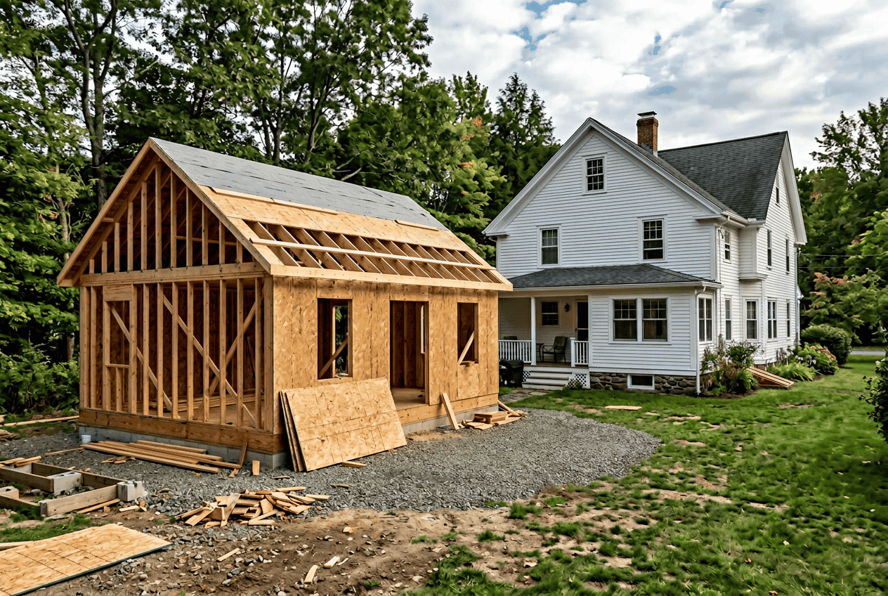 New home being built next to an existing house.