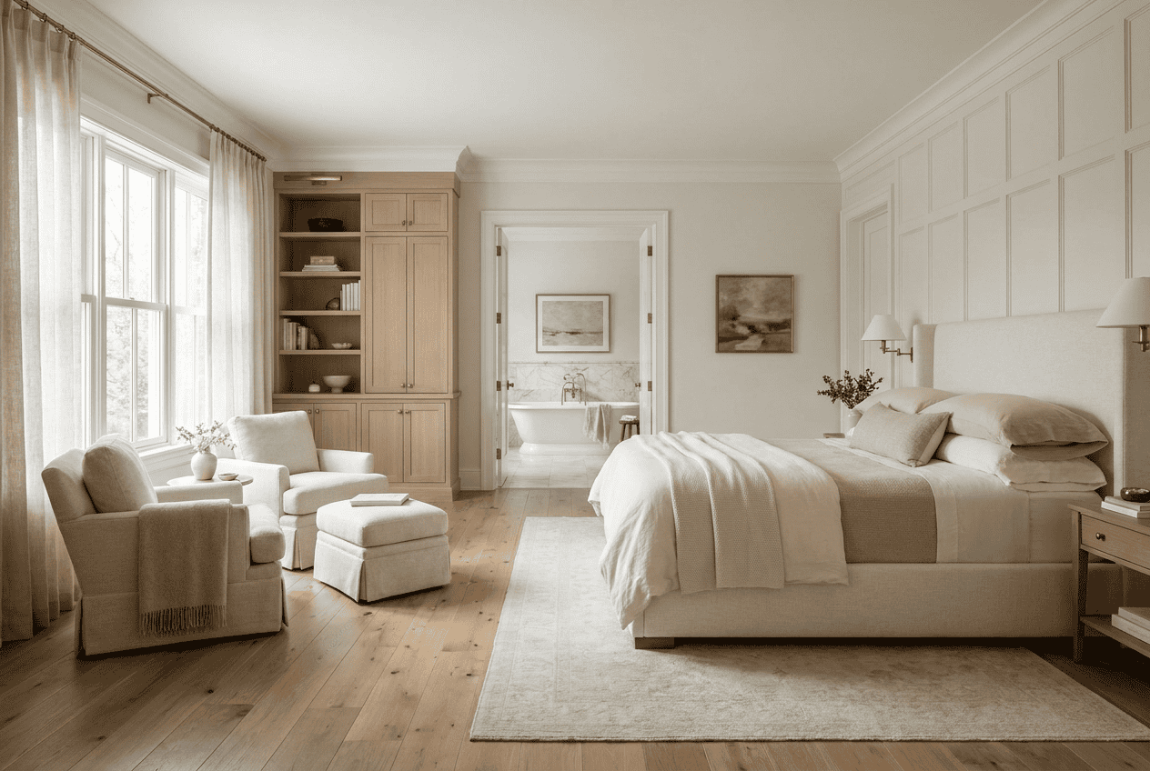Elegant bedroom with tufted headboard, modern decor, and built-in shelving.