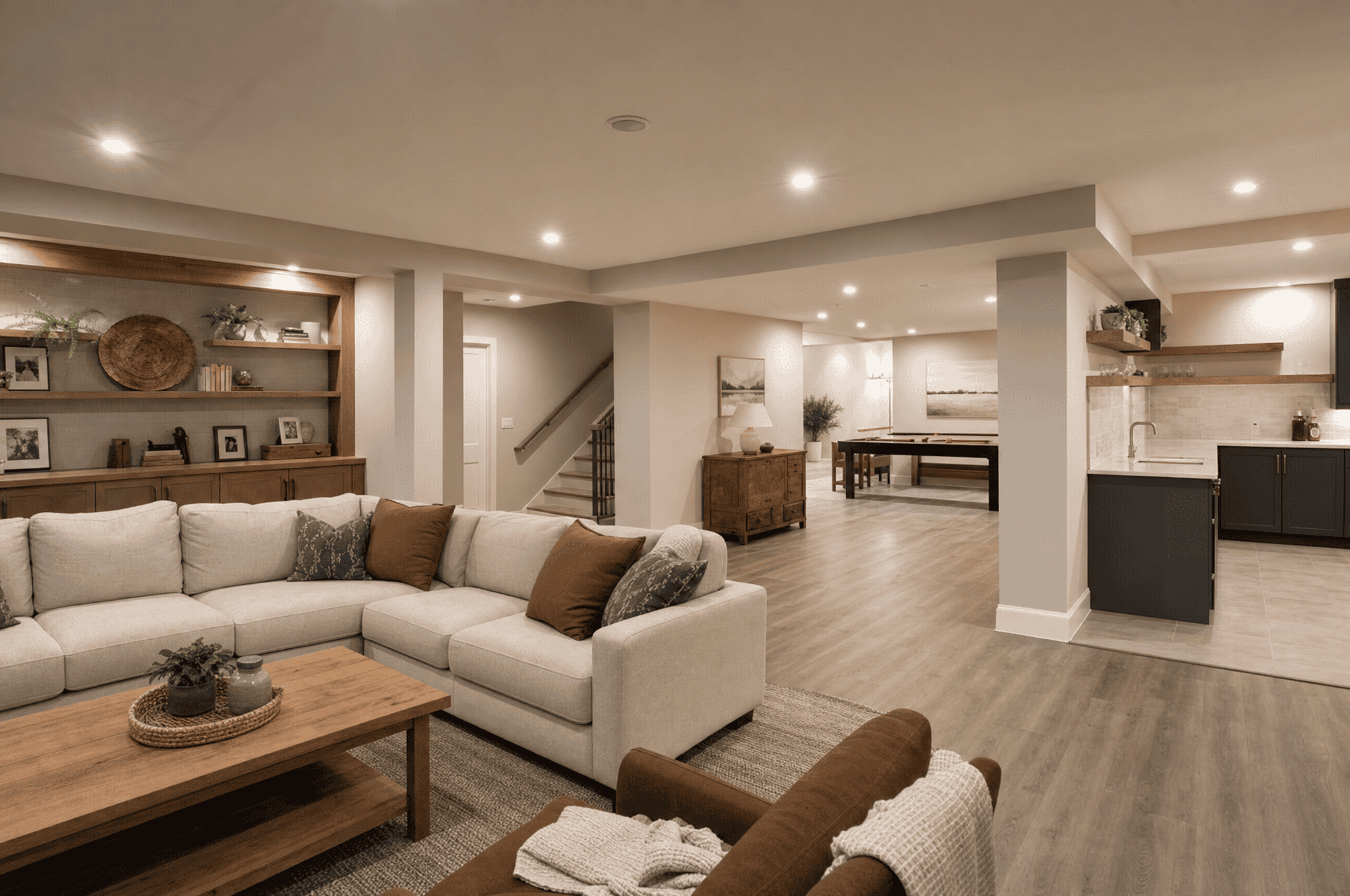 Modern interior with wooden ceiling, stone fireplace, and polished concrete floor by Choate Builders.
