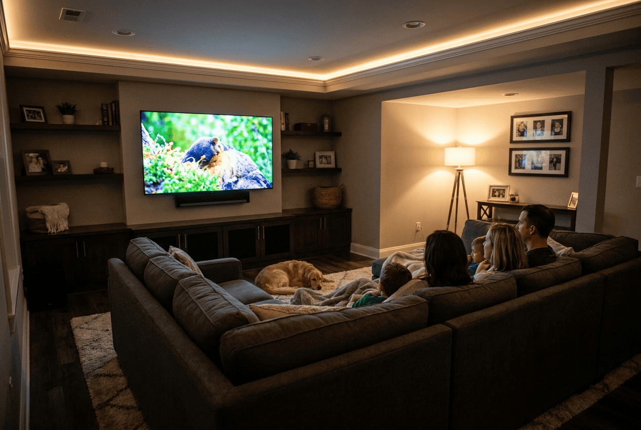 Family watching TV in a cozy home theater with ambient lighting and comfortable seating.