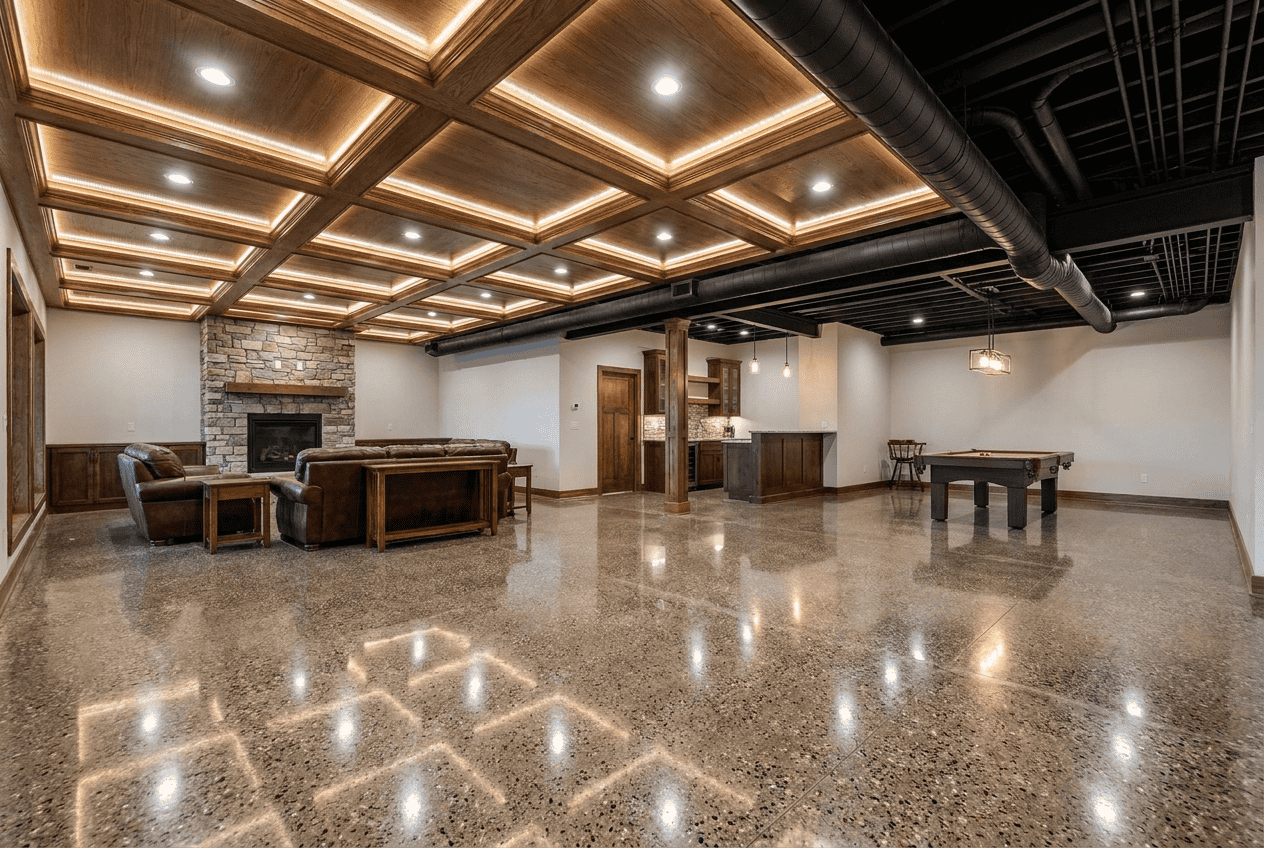 Modern interior with wooden ceiling, stone fireplace, and polished concrete floor by Choate Builders.