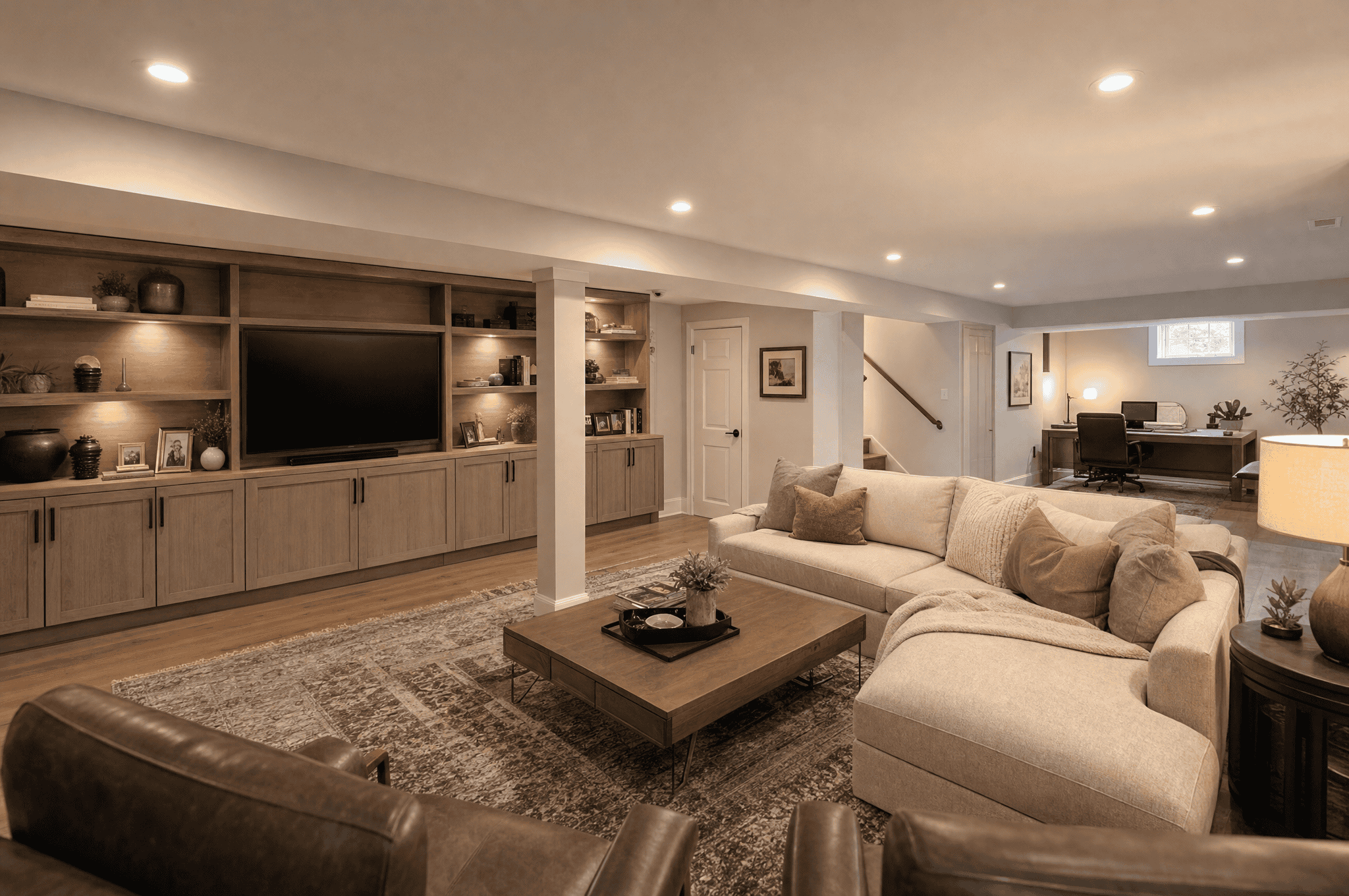 Modern basement living room with built-in shelves, TV, and cozy seating area.