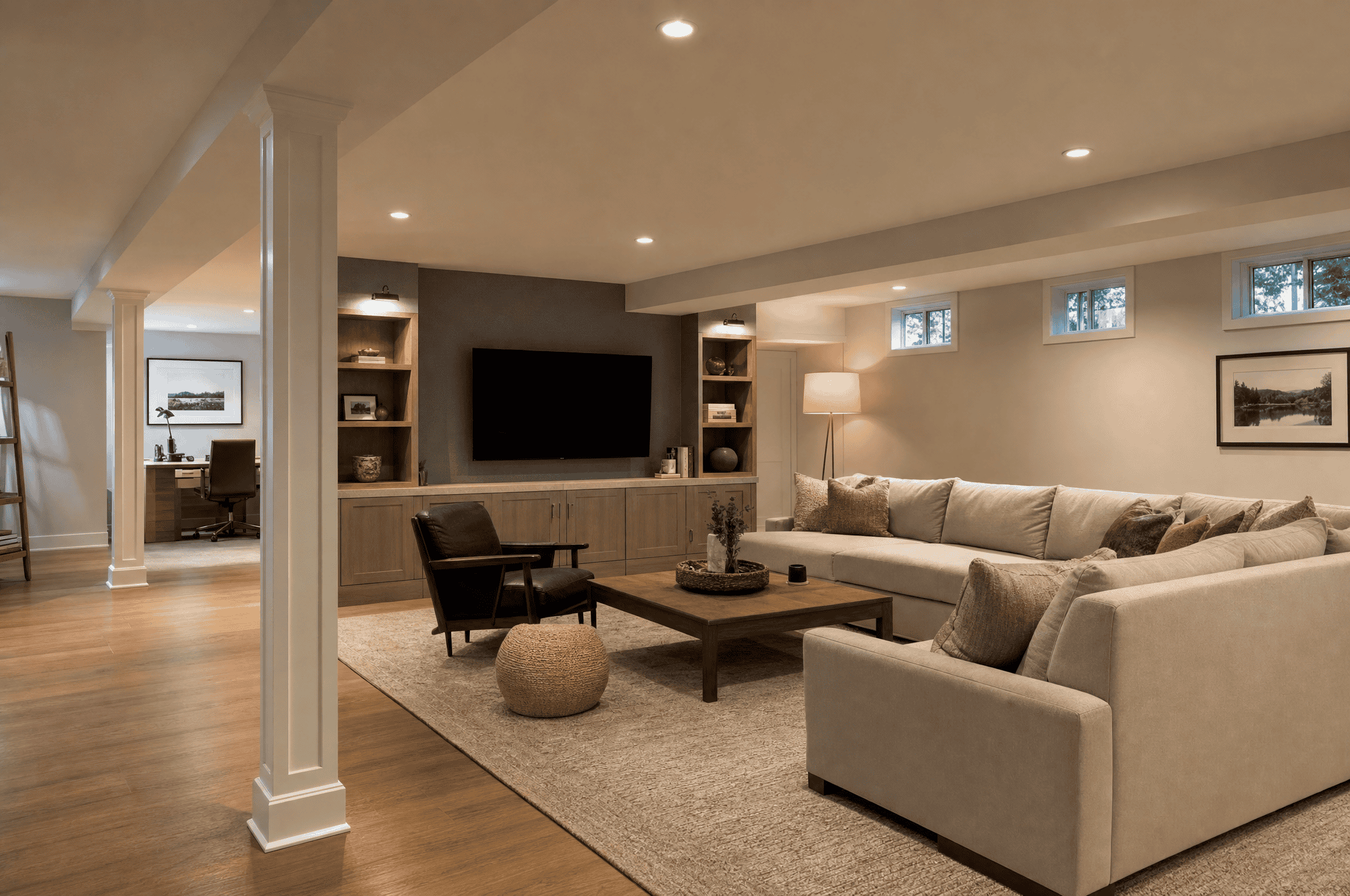 Spacious basement living room with beige sofas, wooden coffee table, and built-in TV wall.