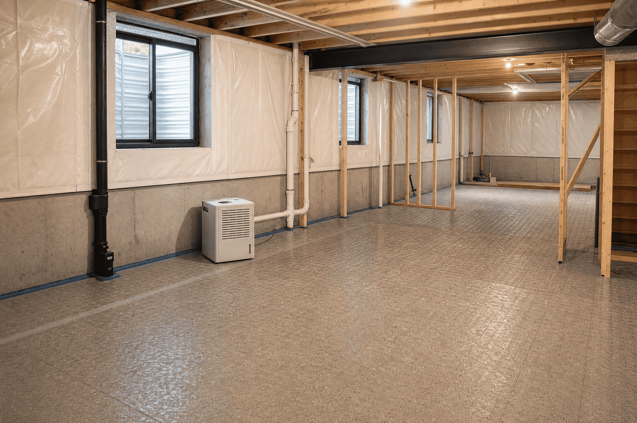 Unfinished basement with insulation, windows, and wooden framing for construction.