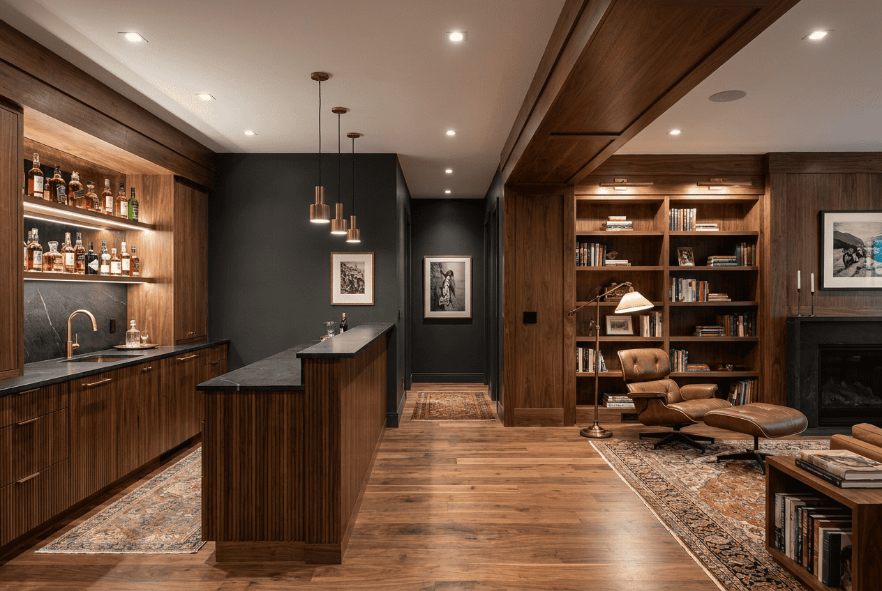 Luxurious home bar with wooden cabinetry, modern lighting, and cozy seating area.