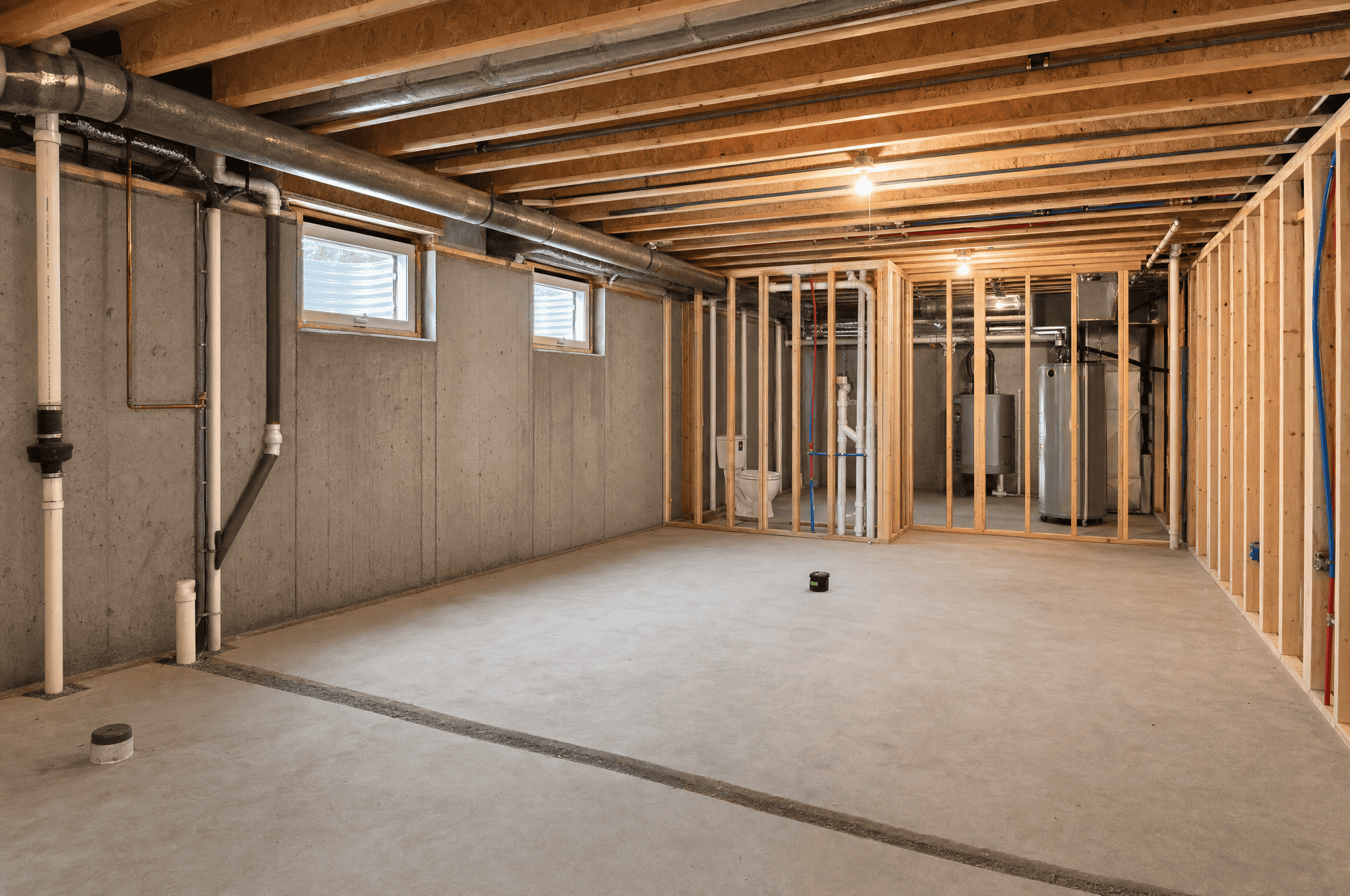 Interior view of a basement under construction with framing and plumbing.