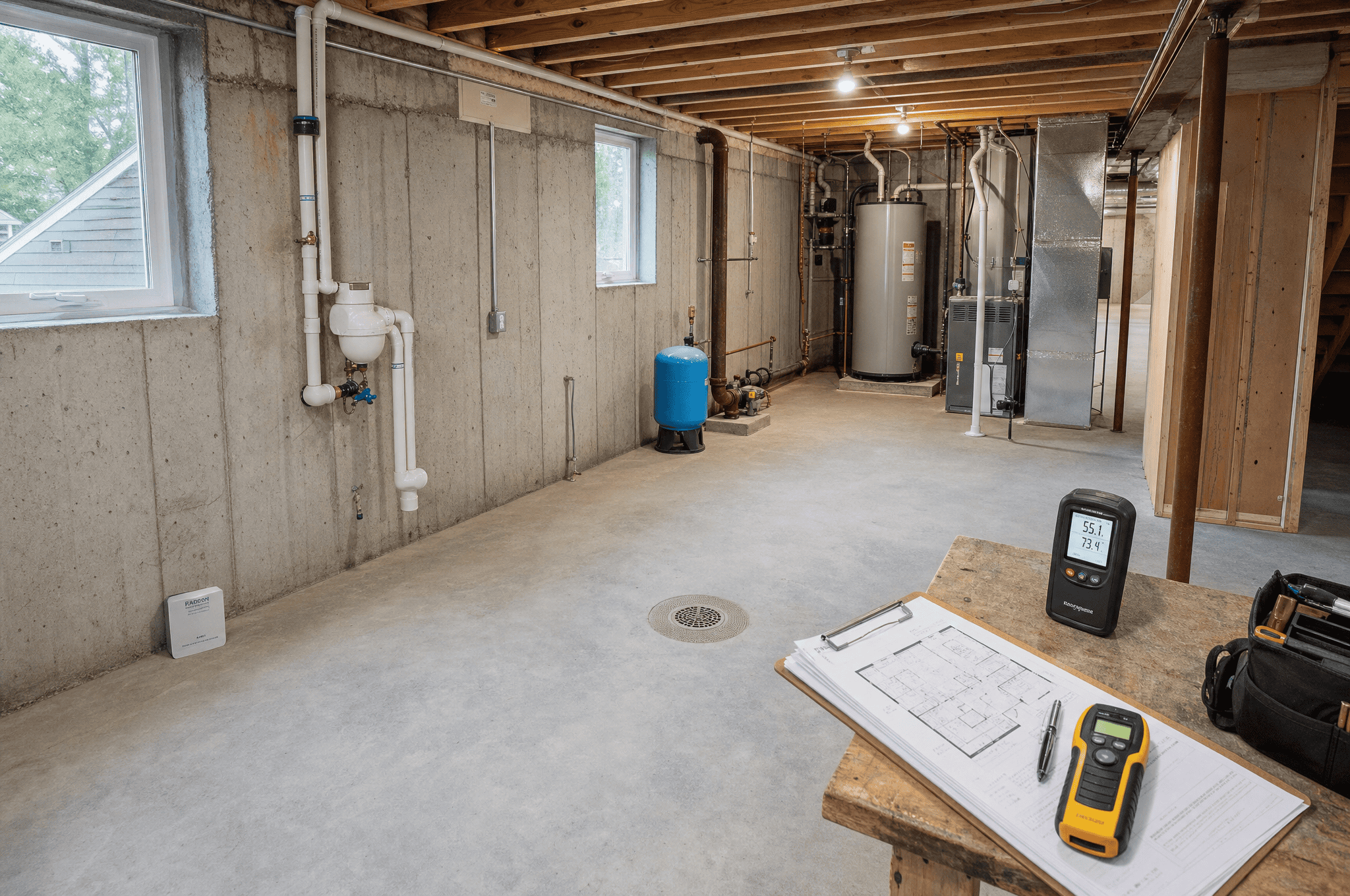 Construction site with HVAC, plumbing, and electrical systems in unfinished basement.
