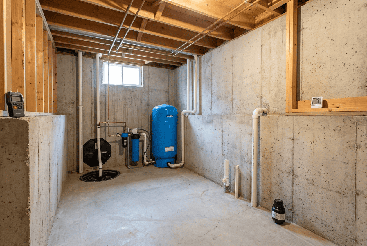Basement plumbing with water softener and pipes in unfinished basement.